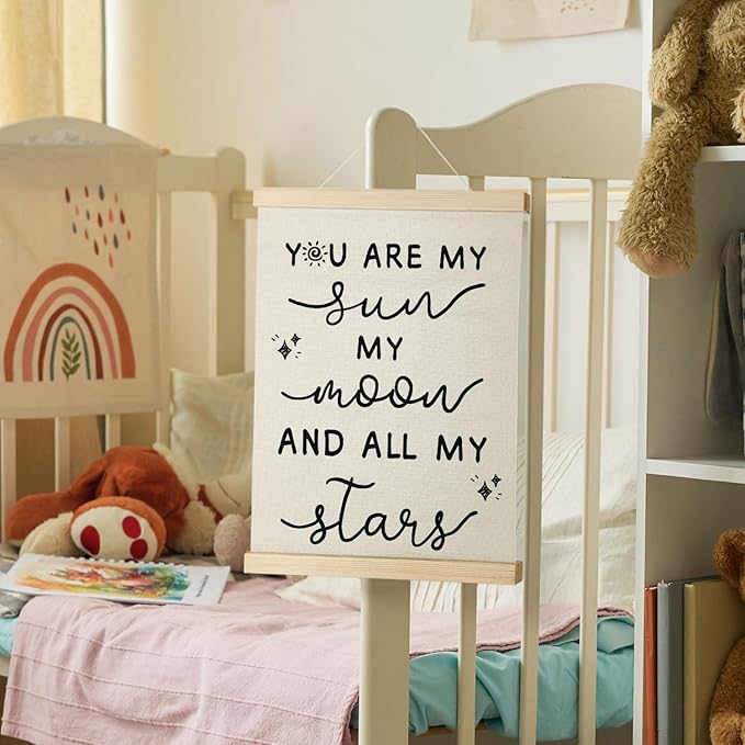 Nrleey Nursery Wall Decor with Wooden Poster Hanger - Baby Room Decor, You Are My Sun Moon And All My Stars Wall Art Posters for Kids Room Nursery Playroom, 12x16 Inch