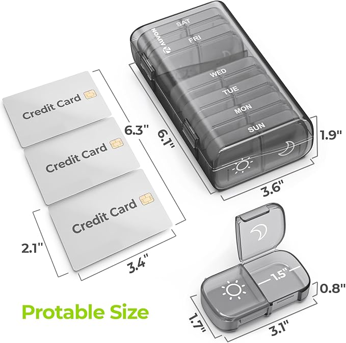 AUVON XL Weekly Pill Organizer 2 Times a Day, Pill Box 7 Day with One-Side Large Openings for Easy to Use, Gray AM PM Pill Case for Medication, Vitamins, Fish Oils, Supplements