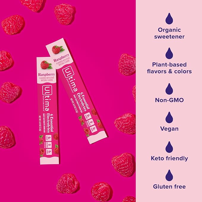 Ultima Replenisher Daily Electrolyte Powder Drink Mix – Sugar Free – Raspberry, 20 Stickpacks – Hydration Packets with 6 Key Electrolytes and Trace Minerals – Keto Friendly, Vegan, Non-GMO