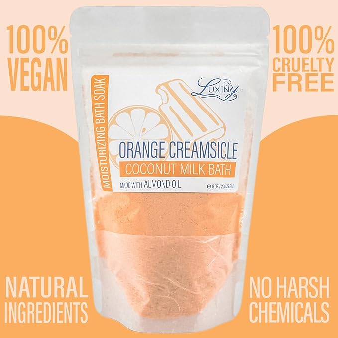 Vegan Milk Bath Soak Made with Moisturizing Coconut Milk Powder & Sweet Almond Oil for a Bath Bomb Dust Soothing Fizz & Relaxing Soak, 8 oz. (Orange Creamsicle)