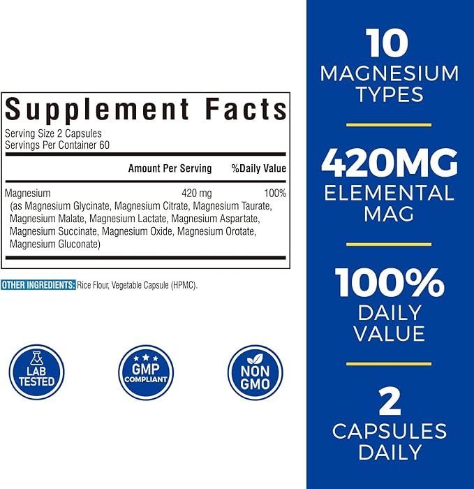 10 in 1 Magnesium Complex, 420mg Elemental Magnesium | Ultra Strength, Max Absorption | Chelated Magnesium Supplement for Sleep, Nerves & Heart Health | Non-GMO, 120 Vegan Capsules
