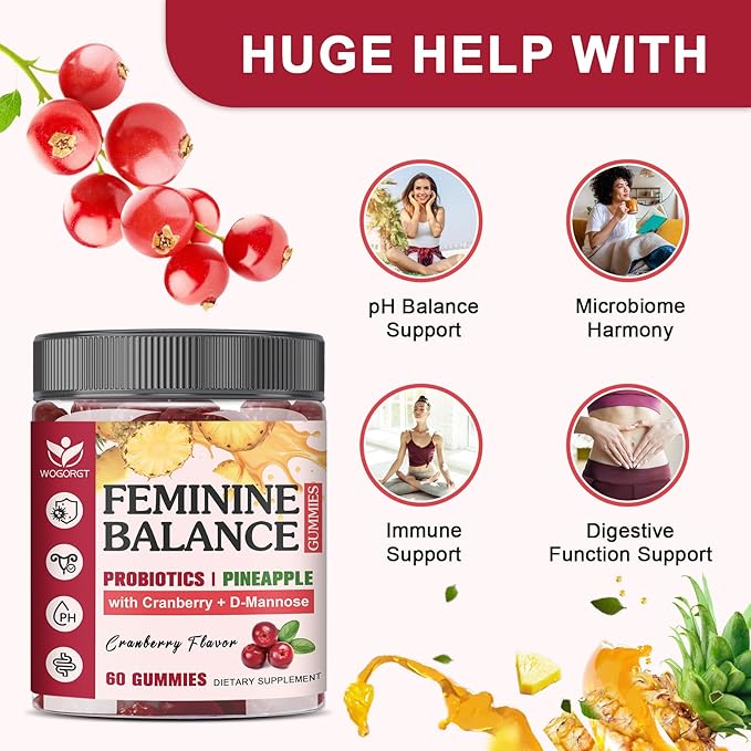 Premium Feminine Balance Gummies for Women - Pineapple Probiotics Gummies with Cranberry Extract and D-Mannose, pH Balance Support, Freshness, Sugar Free, Vegan, Cranberry Flavor - 60 Gummies