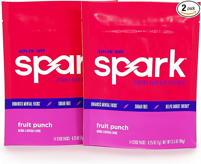 AdvoCare Spark Vitamin & Amino Acid Supplement - Focus & Energy Drink Powder Mix with Vitamin A, B-6, C & E - Also Includes L-Carnitine & L-Tyrosine - Fruit Punch, 14 Stick Packs, 2 Pack