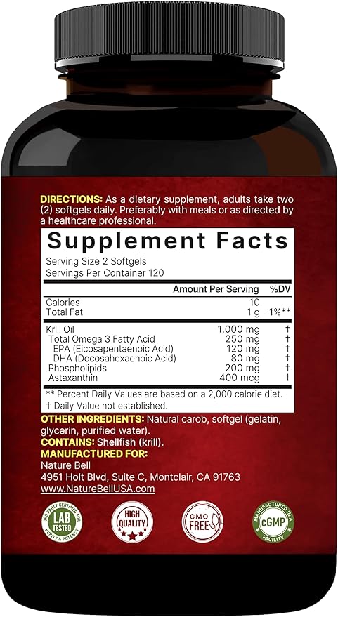 NatureBell Antarctic Krill Oil 1000mg Supplement, 240 Softgels, Natural Source of Omega-3s, EPA, DHA and Astaxanthin - No Aftertaste - Support Heart Health, Mercury Free & Non-GMO