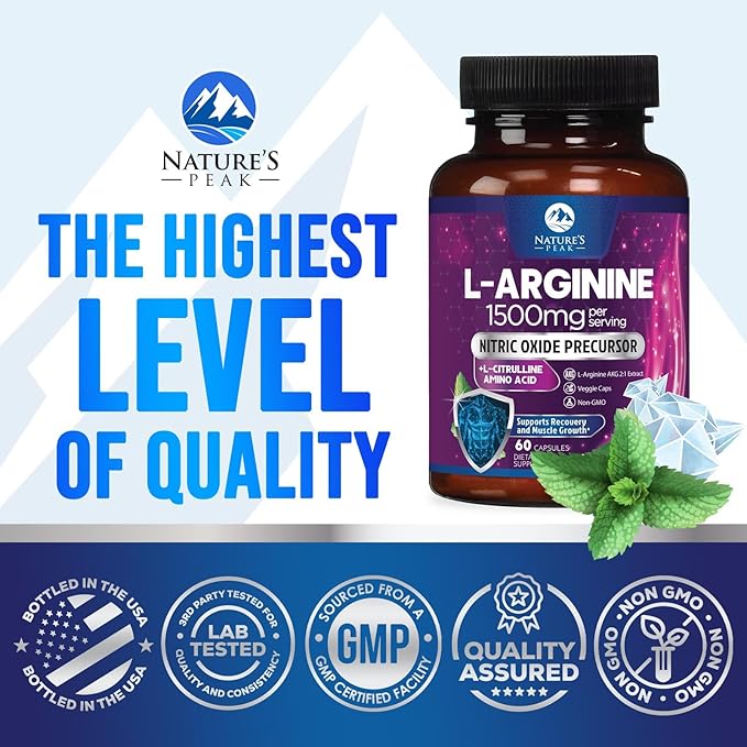L-Arginine 1000mg Supplement - Heart Health Support - Premium Muscle Supporting Nitric Oxide Precursor Booster for Extra Strength - Gluten Free, Amino Acid Energy Blend For Men & Women - 60 Capsules
