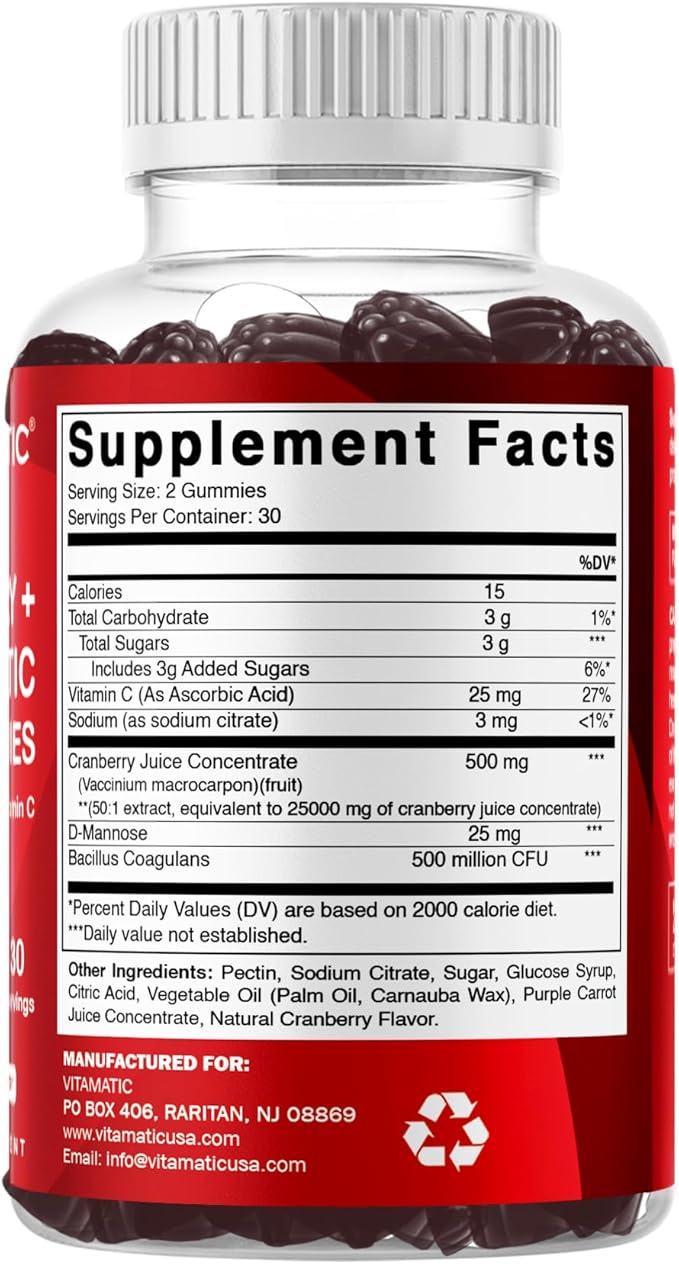 Vitamatic Vegan Cranberry Gummies with D-Mannose, Probiotics & Vitamin C – 25,000 mg Equivalent per Serving (from 50:1 Extract 500 mg) – 60 Count – Urinary Tract Health Support for Women