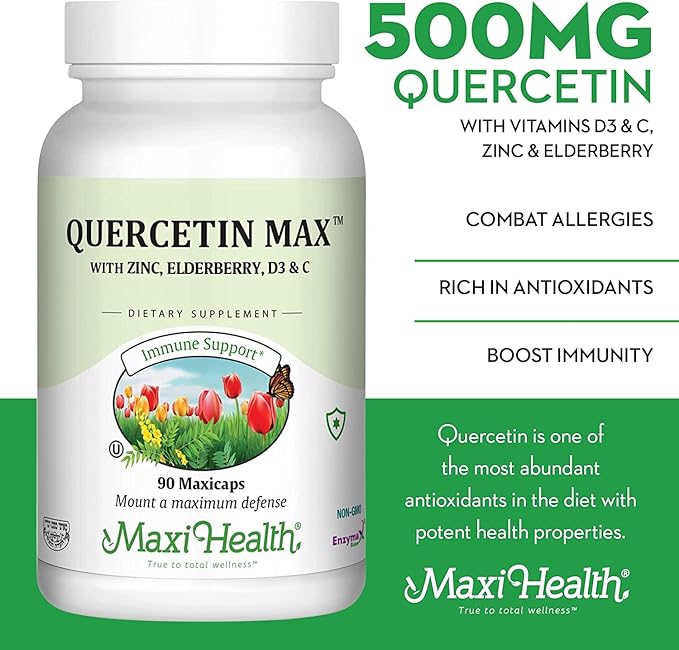Maxi Health Quercetin 500mg Capsules – Zinc Supplements for Women and Men – Non-GMO, Kosher, and Gluten-Free Quercetin Supplements with Elderberry Vitamin C and Zinc (90 Veg Capsules, Pack of 2)