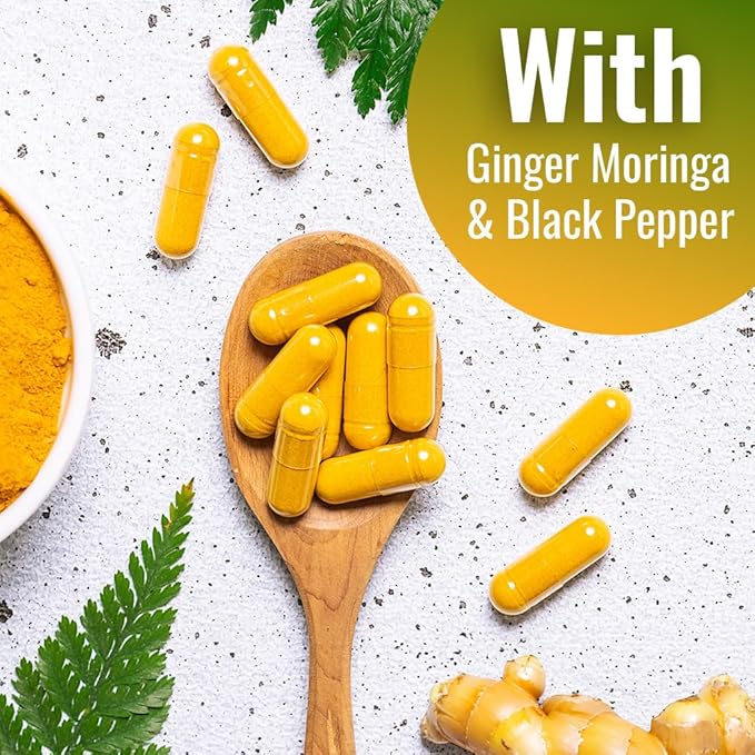 Vitamatic Turmeric Curcumin Supplement (10:1 Equivalent 3000 mg Per Serving, Made with 95% Curcuminoids, Black Pepper, Ginger, Moringa) 120 Vegetable Capsules, Non-GMO, Gluten Free (120 Capsules)