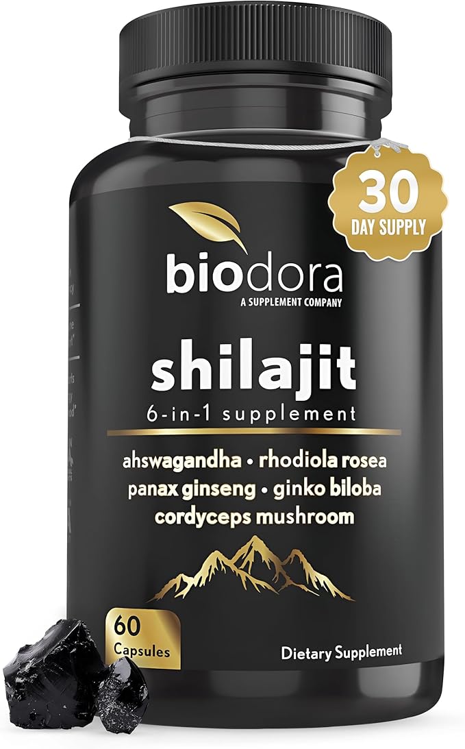6-in-1 Shilajit Supplement 300mg, Mood and Energy Support Supplement with 60mg Pure Ashwagandha, Rhodiola Rosea Panax Ginseng for Immune Support, Memory and Focus, 85+ Trace Minerals, 60 Capsules