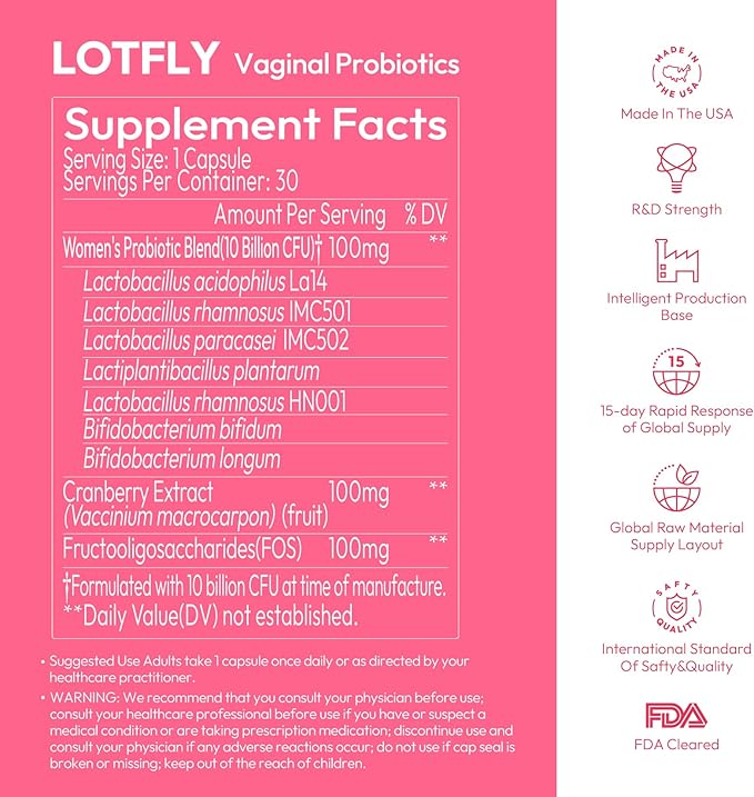 Vaginal Probiotics for Women 100 Billion CFU with Cranberry Extract for pH Balance & UTI Support, Plus Prebiotics & Lactobacillus, Triple Action for Vaginal, Urinary & Gut Health, 30 Capsules