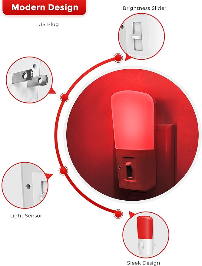 LOHAS Red Night Light Plug in, Dimmable Light LED Night Lights with Dusk to Dawn Sensor, Adjustable Brightness Red Light for Nursery Kids Room Hallway Kitchen,Christmas Gift 2 Pack