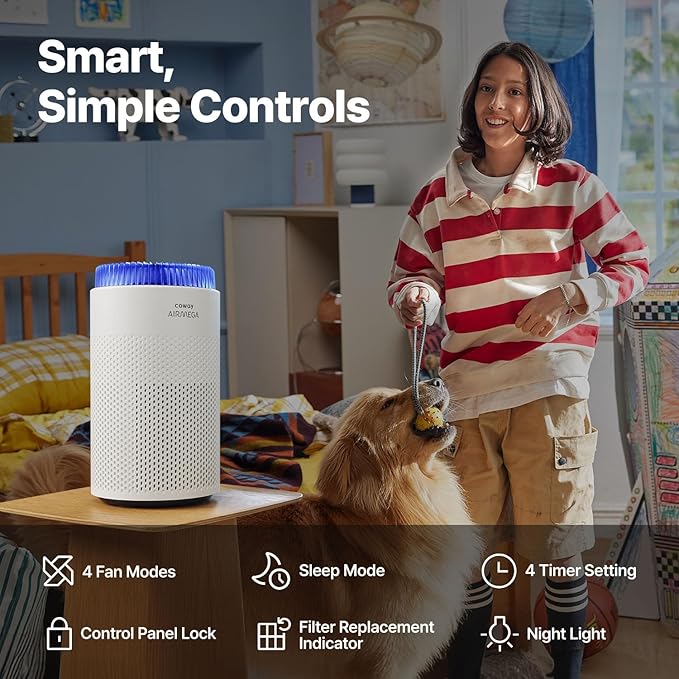 COWAY Air Purifiers for Bedroom Home up to 450 ft², HyperCaptive Filter for Smoke, Allergies, Pet Dander, AQI Monitor, Auto&Sleep Mode, Timer, Filter Indicator, Night Light, 3yr Warranty, 50 White