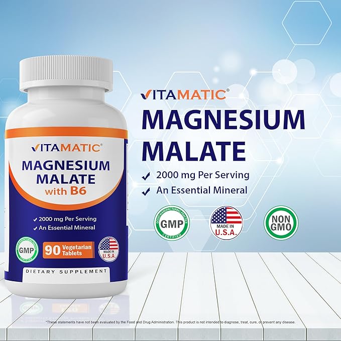 Vitamatic Magnesium Malate 2000mg per Serving - 90 Vegetarian Tablets - Added B6 for Maximum Absorption - Supports Muscle, Joint, and Heart Health* (1 Bottle, Unflavored)