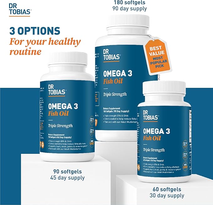 Dr. Tobias Omega 3 Fish Oil, 2000mg Triple Strength with 800mg EPA 600mg DHA Per Serving, Fish Oil Omega 3 Supplements for Heart, Brain & Immune Support, 180 Softgels, 90 Servings