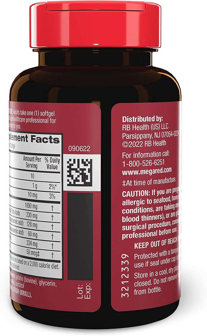 MegaRed Ultra Strength 1000mg Omega-3 Krill Oil Supplement with EPA/DHA, Astaxanthin & Phospholipids, No Fish Oil Aftertaste Supports Heart, Brain, Joint and Eye Health, 60 Count Softgels.