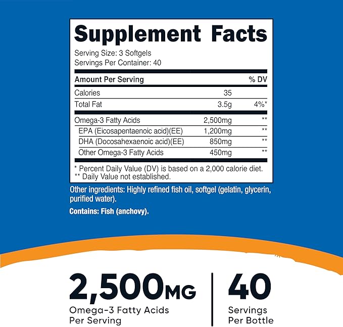 Nutricost Omega 3 Fish Oil - 2500MG, 120 Softgels (40 Serv) - Fish Oil, Wild Caught! 1200mg EPA 850mg DHA - Non-GMO, Gluten Free
