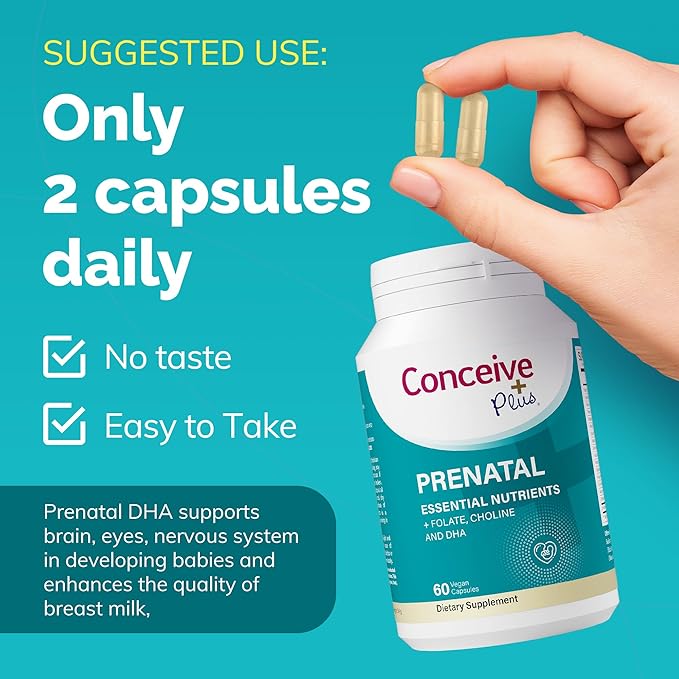 Conceive Plus Prenatal Vitamins for Women Supplement - Multivitamin With Folic Acid for Pregnancy Vegan, Choline, Iron - Pre Natal Vitamins DHA, Non GMO - Maternity Vitamin for Brain & Eye 60 Capsules