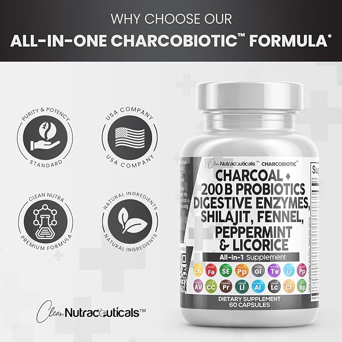 Clean Nutra Activated Charcoal Capsules Shilajit Pills Probiotic Digestive Enzymes for Digestive Health with Peppermint Fennel Licorice Papain Ginger Turmeric | Gut Health