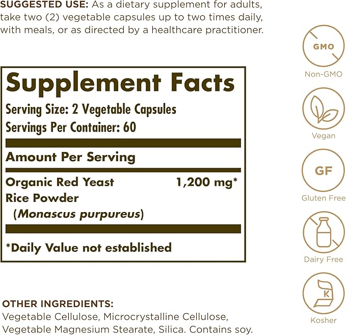 Solgar Red Yeast Rice 600 mg - 120 Vegetable Capsules - Non-GMO, Vegan, Gluten & Dairy Free, Kosher - 60 Servings