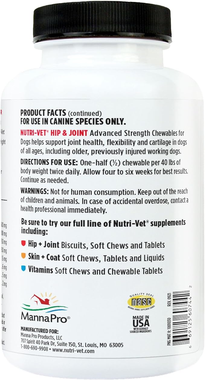 Nutri-Vet Advanced Strength Hip & Joint Chewable Dog Supplements - Formulated with Glucosamine & Chondroitin to Support Dog Cartilage & Mobility - 300 Tablets