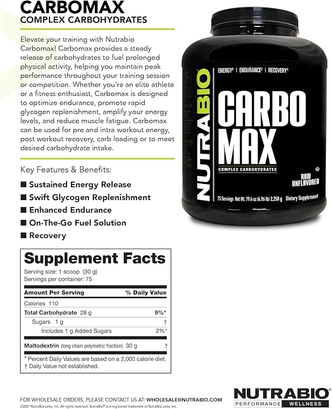 NutraBio CarboMax Maltodextrin Powder - Carbohydrate Powder for Sustained Energy - Calorie Rich for Muscle and Weight Gain - Unflavored - 5 Pounds, 75 Servings