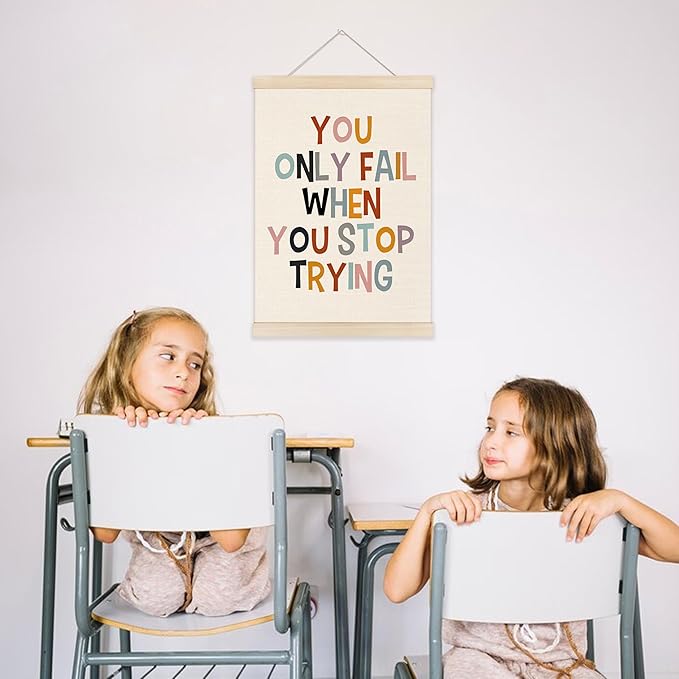 Welshower Boho Inspirational Poster Hanger Frame, You Only Fall When You Stop Trying Motivational Quote Wall Art Prints Decor for Classroom Kids Room Nursery Playroom Framed, 12x16 Inch