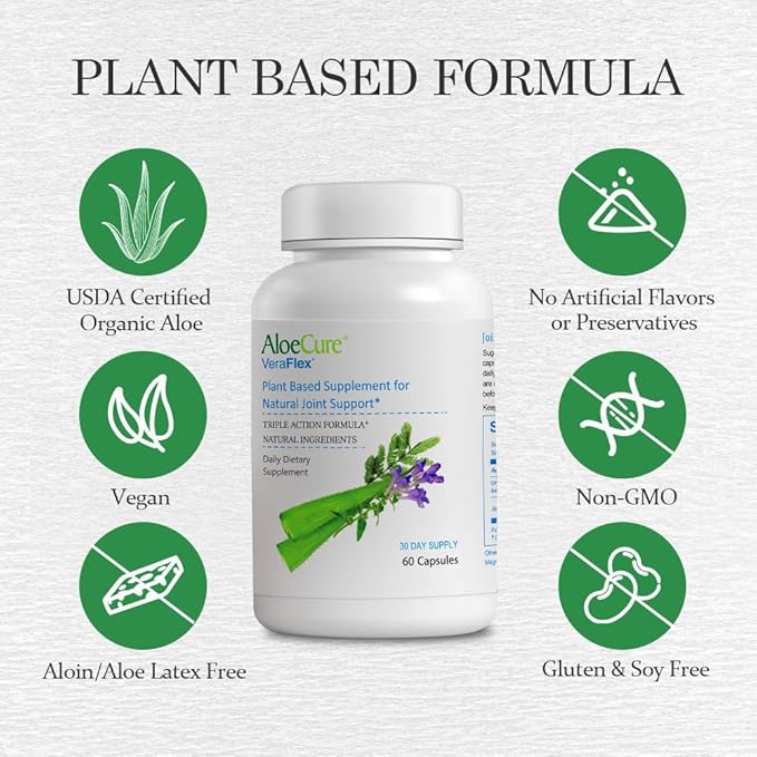 AloeCure VeraFlex Natural Joint Health Supplement with USDA Organic Aloe Vera - Plant-Based Capsules to Support Comfort, Mobility and Flexibility - All-Natural Formula, 60 Capsules