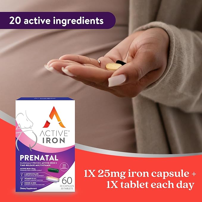 Active Iron Prenatal, Iron Supplement + Prenatal Vitamins for Women, 30 Non-Constipating Capsules + 30 Time-Release Multivitamins, Pregnancy, Breastfeeding & Postpartum Essentials