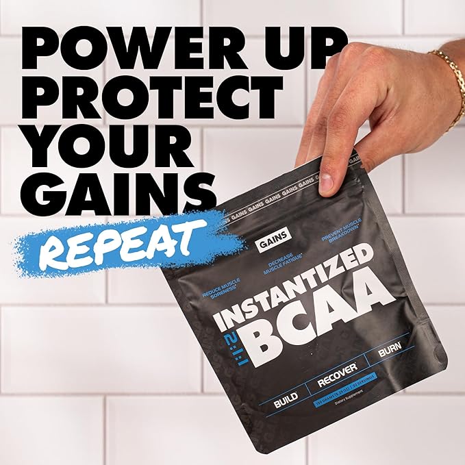 Gains in Bulk BCAA Powder, Pre Workout Plant Based Branch Chain Amino Acids, Gluten Free, Vegan Supplement with Keratin for Endurance & Strength During & Post Workout, Unflavored, 90 Servings