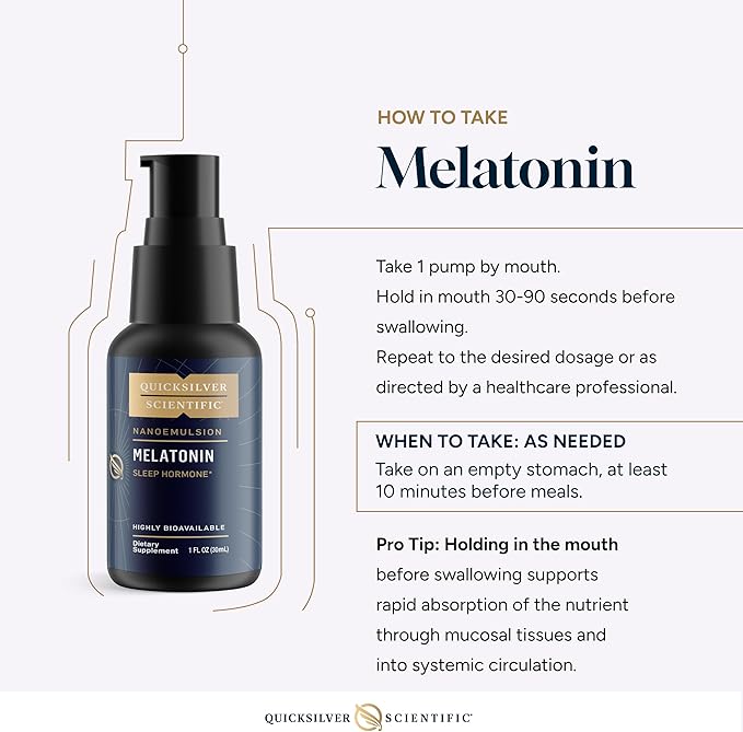Quicksilver Scientific Liposomal Melatonin - Bedtime, Jet Lag & Immune Support Liquid for Adults - Efficient, Superior Absorption 1mg Melatonin to Minimize Morning Drowsiness (30 ml)