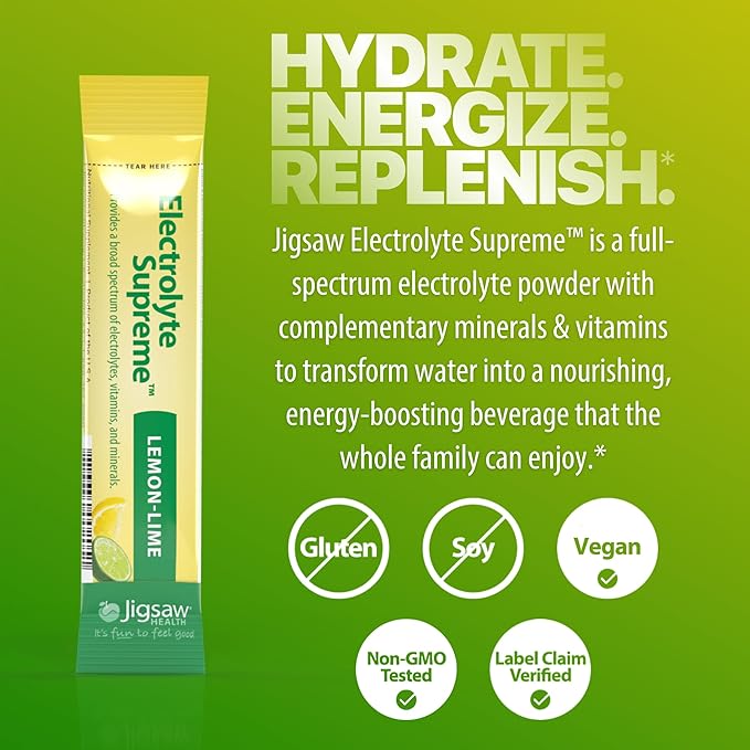 Jigsaw Health Electrolyte Supreme | Broad Spectrum of Electrolytes + Trace Minerals | Lemon-Lime Flavor | 60 Servings (Packets)