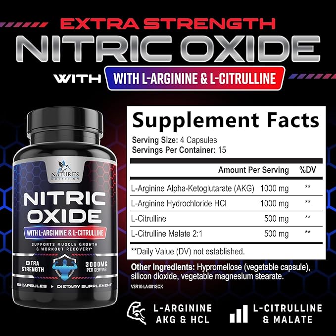 Nitric Oxide Booster Extra Strength 3000mg - L Arginine 3X Strength Nitric Oxide Supplements for Men and Women, Citrulline, Supports Muscle, Heart Health & Energy Supplement, Non-GMO - 60 Capsules