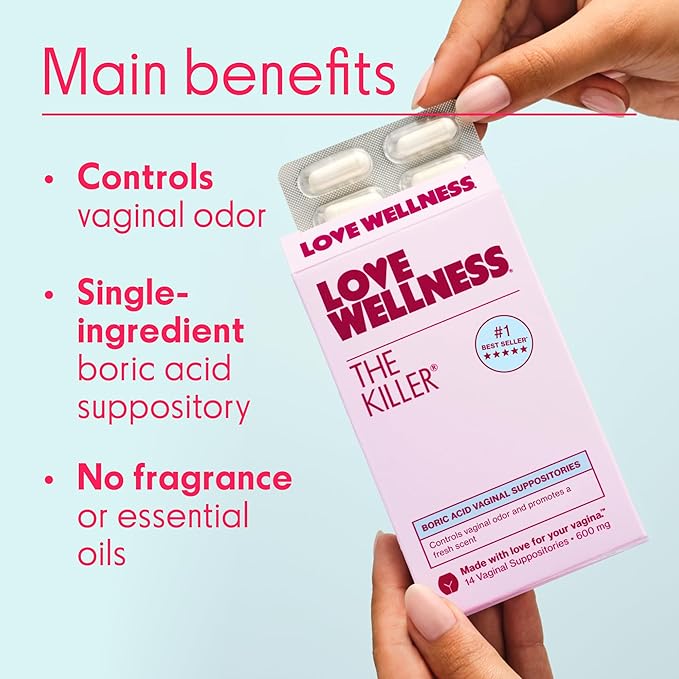 Love Wellness The Killer | Boric Acid Vaginal Suppositories | Balances pH & Supports Odor Control, a Healthy Vaginal Balance and Environment | Fast-Acting & Fragrance-Free | Gentle & Effective | 28 Ct
