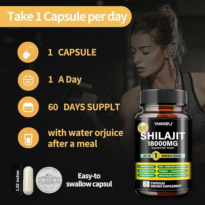 Shilajit Capsules 18000mg with Ashwagandha, Rhodiola Rosea, Panax Ginseng, Cordyceps, Turmeric, Ginkgo, Fulvic Acid Trace Minerals Supplement for Men & Women 60 Count Non-GMO Gluten-Free