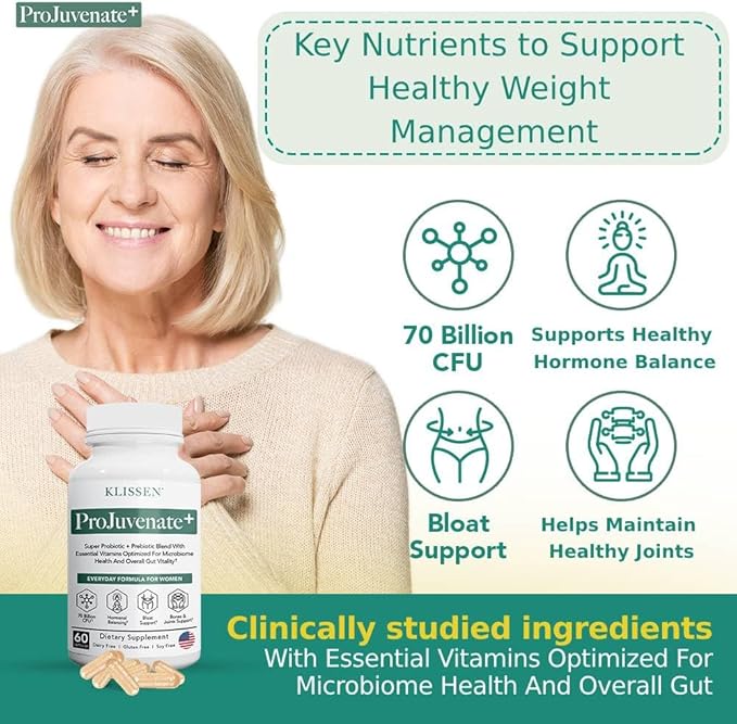 ProJuvenate+ Probiotic Weight Management for Women, Supports Gut & Digestive Health, Helps with Occasional Bloating, Healthy Metabolism & Immune Support, 70 Billion CFU & Prebiotics (60 Count)
