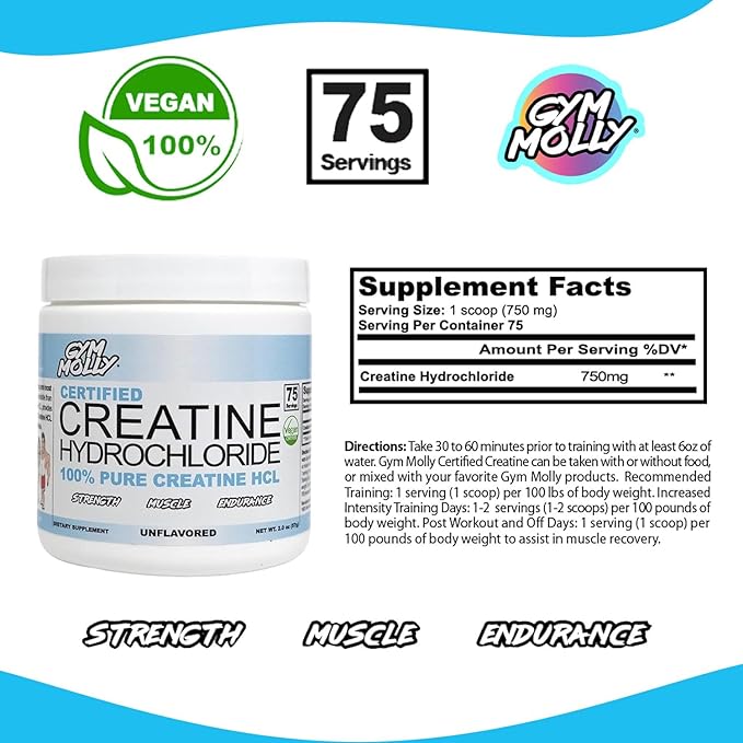 Gym Molly Creatine Hydrochloride Powder, Highly Soluble Creatine Hydrochloride, Unflavoured, Vegan, Workout Supplement for Men and Women, Muscle Builder Creatine Supplement (75 Servings, 750mg)