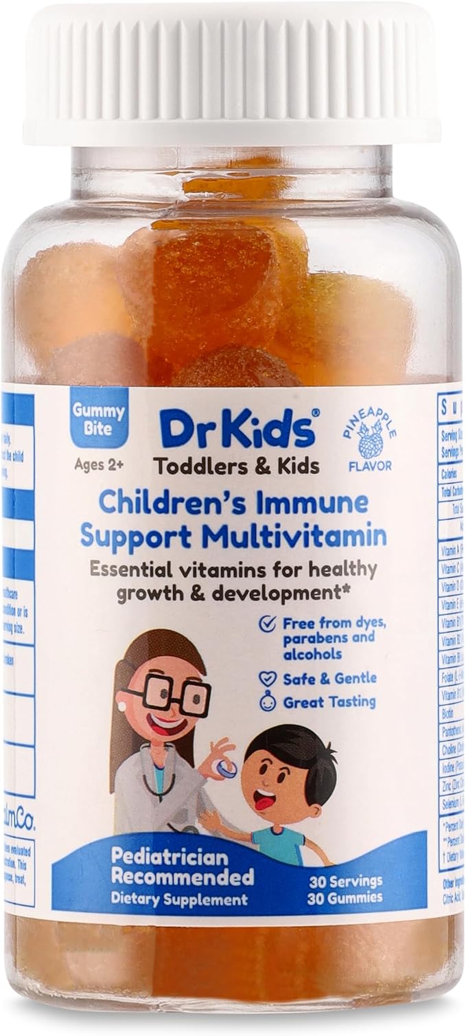 Dr. Kids Children's Immune Support Multivitamin Gummy Bites – Supports Growth and Development with 15 Essential Vitamins and Minerals, Safe & Gentle for Kids Ages 2+, Pineapple Flavor, 30 Count