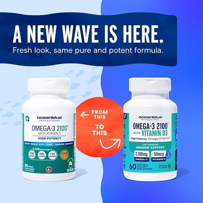 Oceanblue Professional Fish Oil with Vitamin D3 | Triple Strength 2100mg Omega 3 DPA EPA DHA | Wild Caught | Burpless Orange Flavor, 90 Servings (180 Count)
