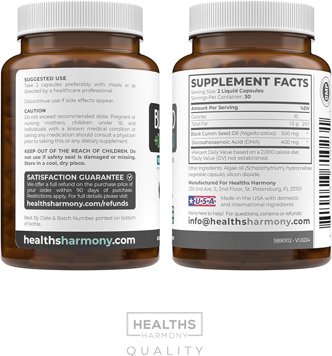 Cold-Pressed Black Seed Oil Capsules - Vegan Non-GMO Nigella Sativa Black Seed Oil Supplement with Omega 3 DHA for Full Body Wellness & Brain Support - Vegan Omega 3 & Thymoquinone-Rich (1 Month)
