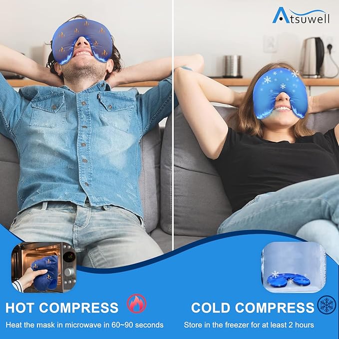 Atsuwell Sinus Mask, Warm Cold Compress Eye Mask for Dry Eyes, Weighted Eye Pillow Microwavable Face Heating Pad for Soothing Sinus Pressure and Relaxation, Blue