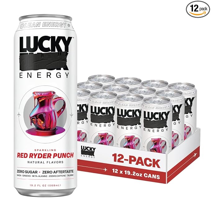 Lucky Energy Sugar Free Energy Drinks 19.2 Fl Oz Cans (Pack of 12) Healthy Energy Drink. Red Ryder Punch with Maca, Ginseng, Taurine, Beta-Alanine, 200mg Caffeine (Packaging May Vary)
