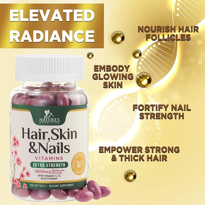 Hair Vitamins Biotin 5000 mcg Collagen for Hair Skin and Nails Vitamin Nature's, Supports Supplement Fast Fuller Thicker Healthy Growth Support, with Hyaluronic Acid Women & Men, Non-GMO, 120 Softgels