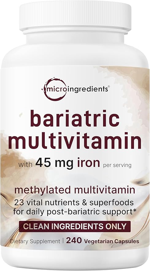 Micro Ingredients Bariatric Multivitamin with 45mg Iron, 240 Veggie Capsules | 23-in-1 Methylated Multivitamin with Vitamin D3, K2, Zinc & More | Post Bariatric Surgery Support | No Fillers, Non-GMO