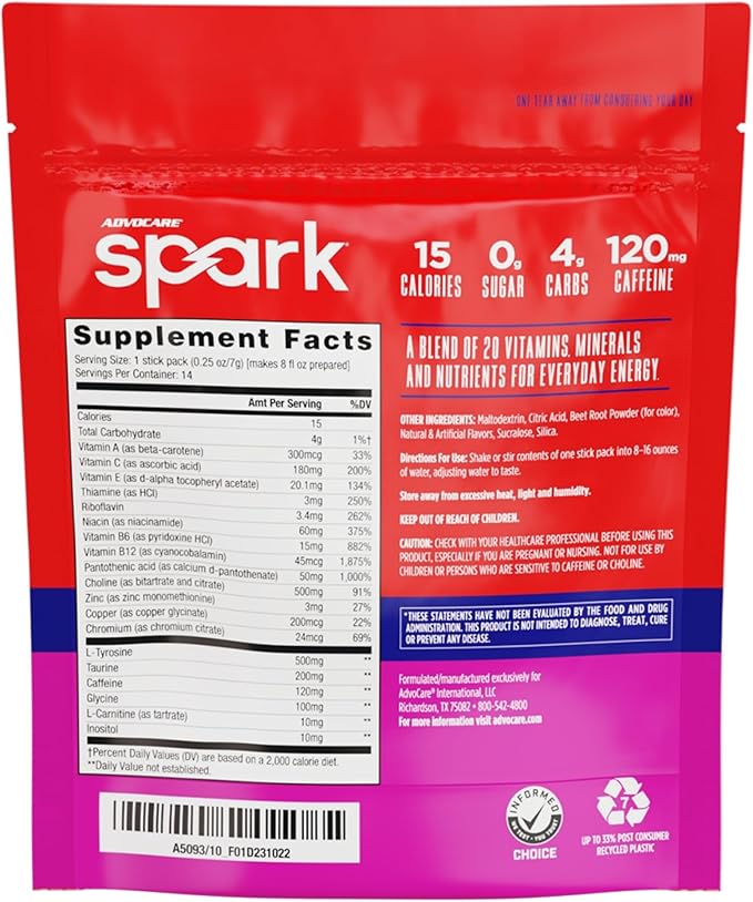 AdvoCare Spark Vitamin & Amino Acid Supplement - Focus & Energy Drink Powder Mix with Vitamin A, B-6, C & E - Also Includes L-Carnitine & L-Tyrosine - Fruit Punch, 14 Stick Packs, 2 Pack