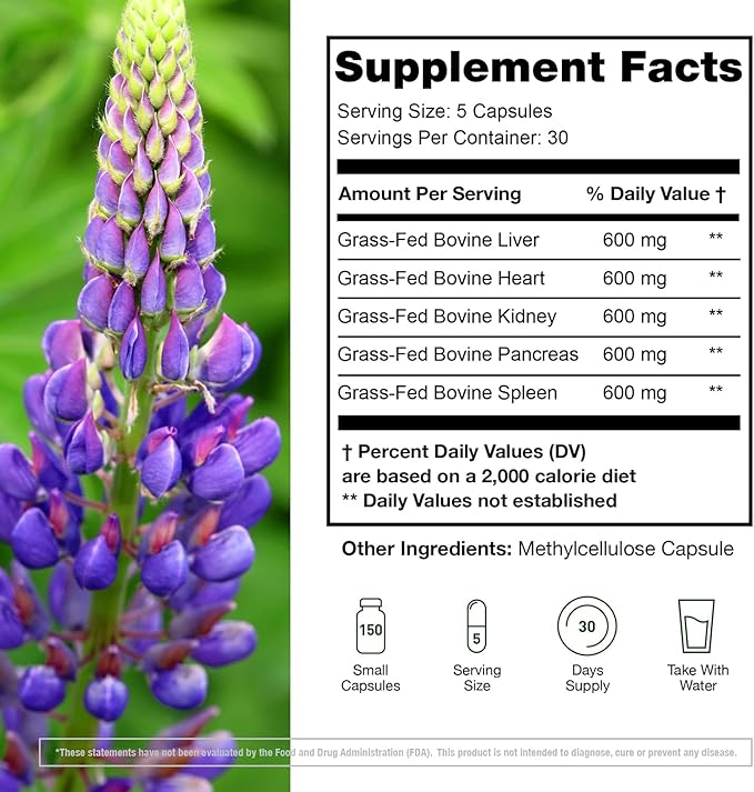 Grass Fed Beef Organ Supplement - Supports Whole Body Wellness 3000mg - with Desiccated Beef Liver, Heart, Kidney, Pancreas, Spleen - Organ Complex for Energy, Immune & Digestive Health (150 Capsules)