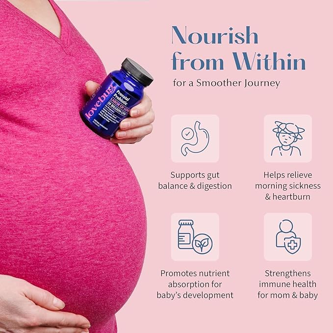 lovebug PROBIOTICS FSA HSA Prenatal Probiotic 20 Billion CFU Tummy Soothe Blend with Peppermint,Ginger Root,Red Raspberry Leaf & Lemon Balm 60 Count