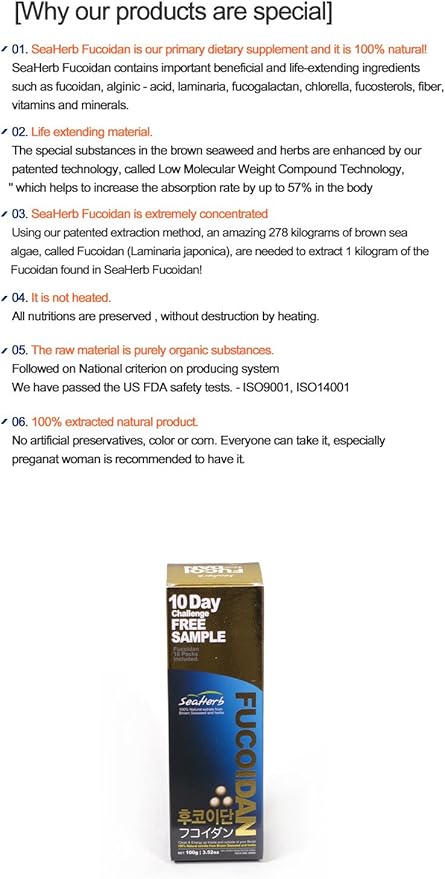 100% Natural Brown Seaweed Extract SeaHerb Fucoidan USFDA Passed (FDA ID CODE 2030950) (10Satchets+100g)