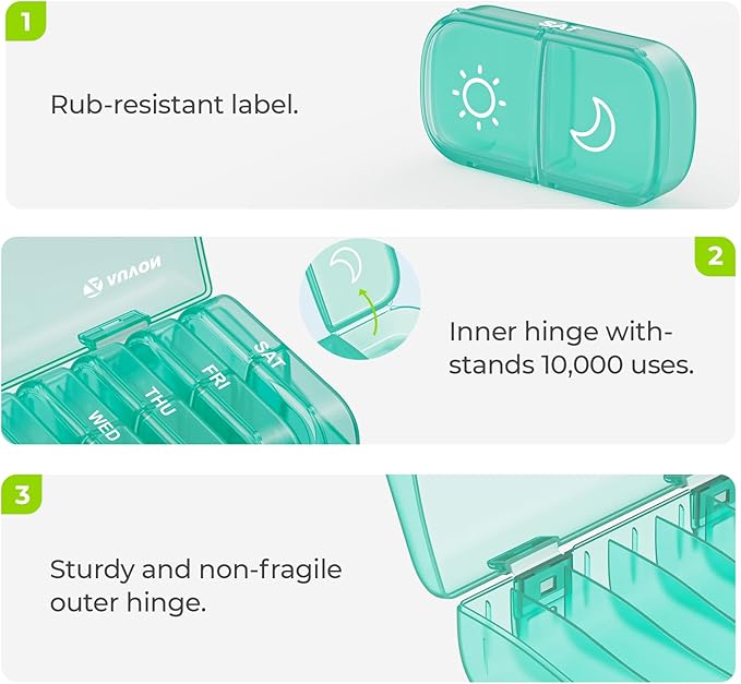 AUVON XL Weekly Pill Organizer 2 Times a Day, Pill Box 7 Day with One-Side Large Openings for Easy to Use, Cyan AM PM Pill Case for Medication, Vitamins, Fish Oils, Supplements