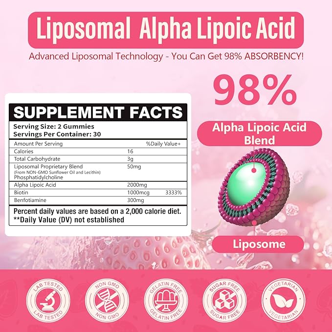 Liposomal Alpha Lipoic Acid Gummies 2000mg Gummies,High Potency ALA Complex Biotin & Benfotiamine for Antioxidant, Brain Health and Nerve* Support,Liposomal Enhance 98% Absorption