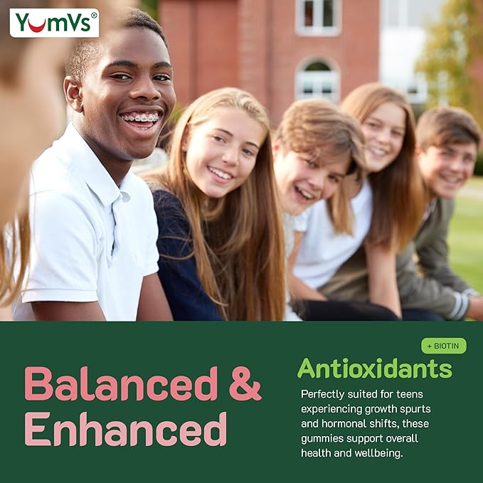 YumVs Teen Multivitamin Gummies with Biotin and Antioxidants - Raspberry Flavor - Hair Skin Nails Support - Kosher Teenager Vitamins for Boys and Girls 12-17 - Teen Gummy Multi Vitamin (60 Count)